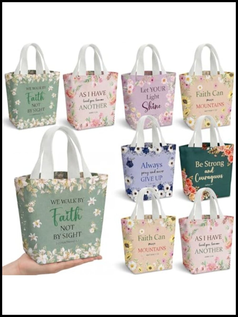 Canvas Tote Bags Small Reusable Gift Bags Set of 12 Bible Verse Floral Print